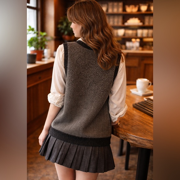 Ralph Lauren RUGBY Lambswool Herringbone Vest M Gray Wool Academic Preppy - Picture 6 of 9